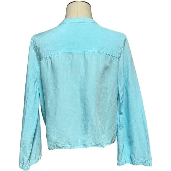Boston Proper Linen Flare Sleeve Tie Front Top Aqua Splash Blue XL - Picture 6 of 8